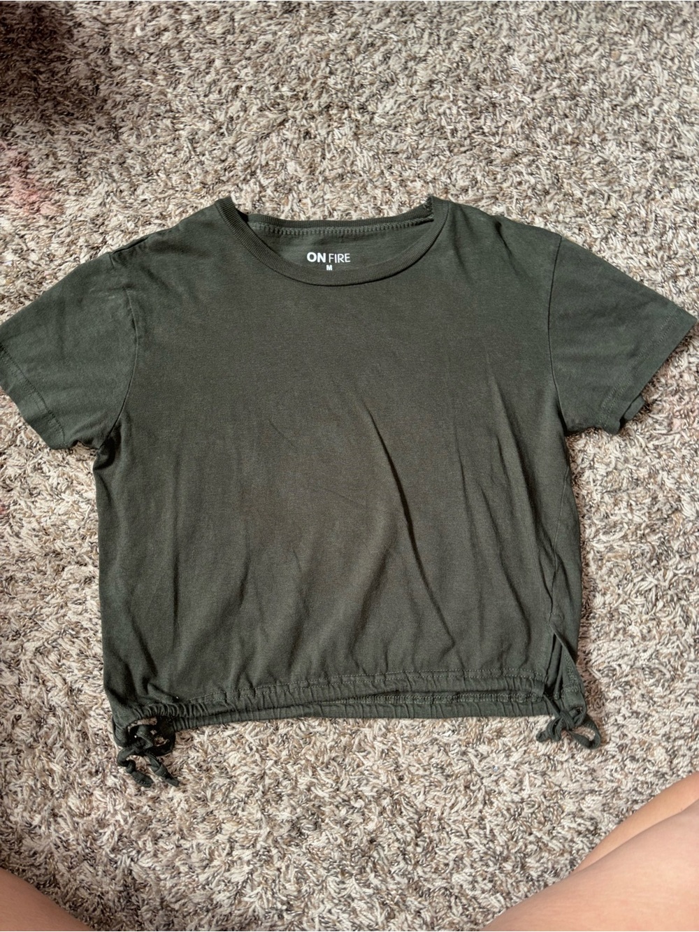 On Fire Olive Green Short Sleeve Drawstring Crop Tee